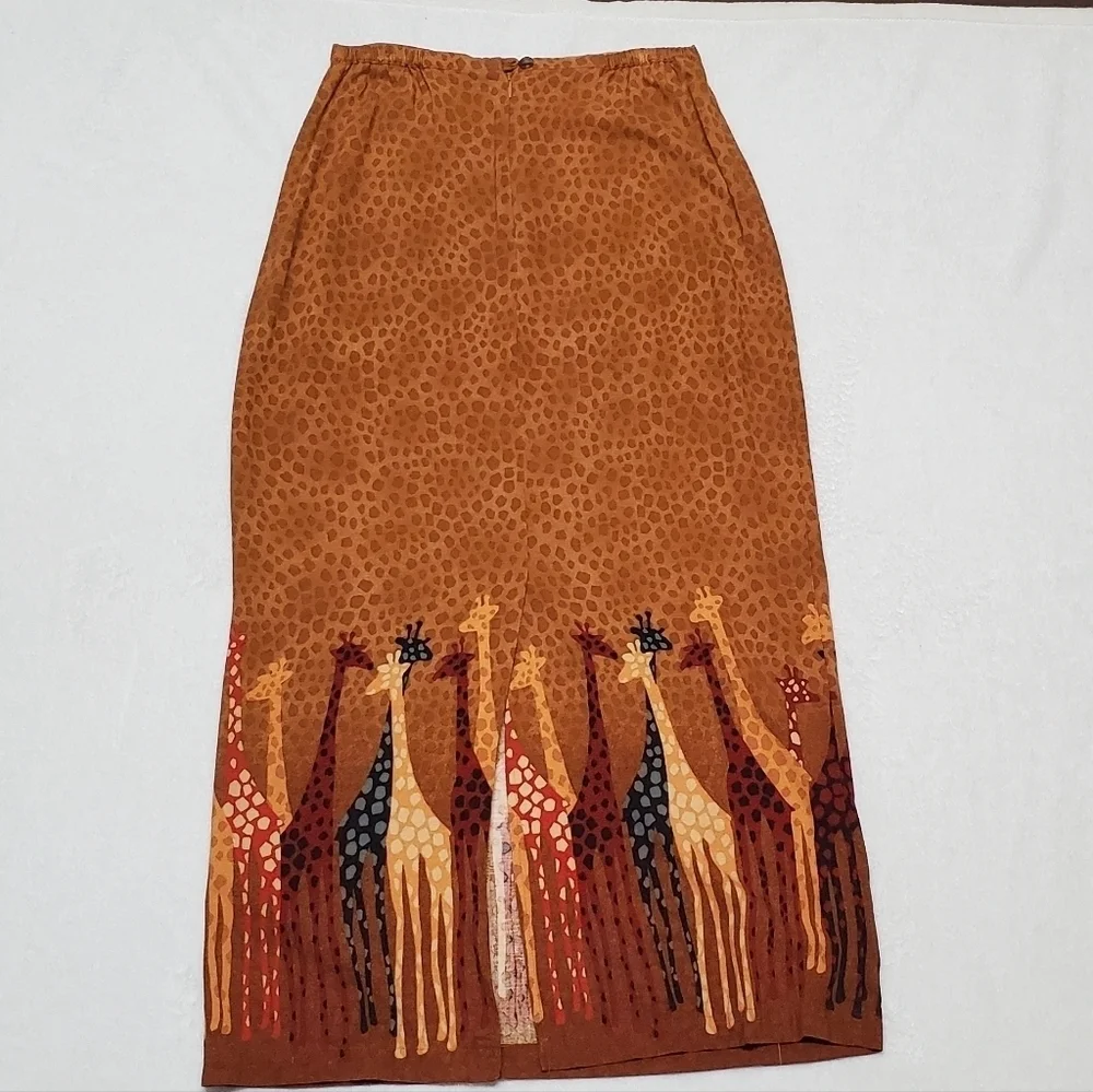 80s Vintage F.L. Malik Spotted Giraffe Print High Rise Back Slit Maxi Skirt 10